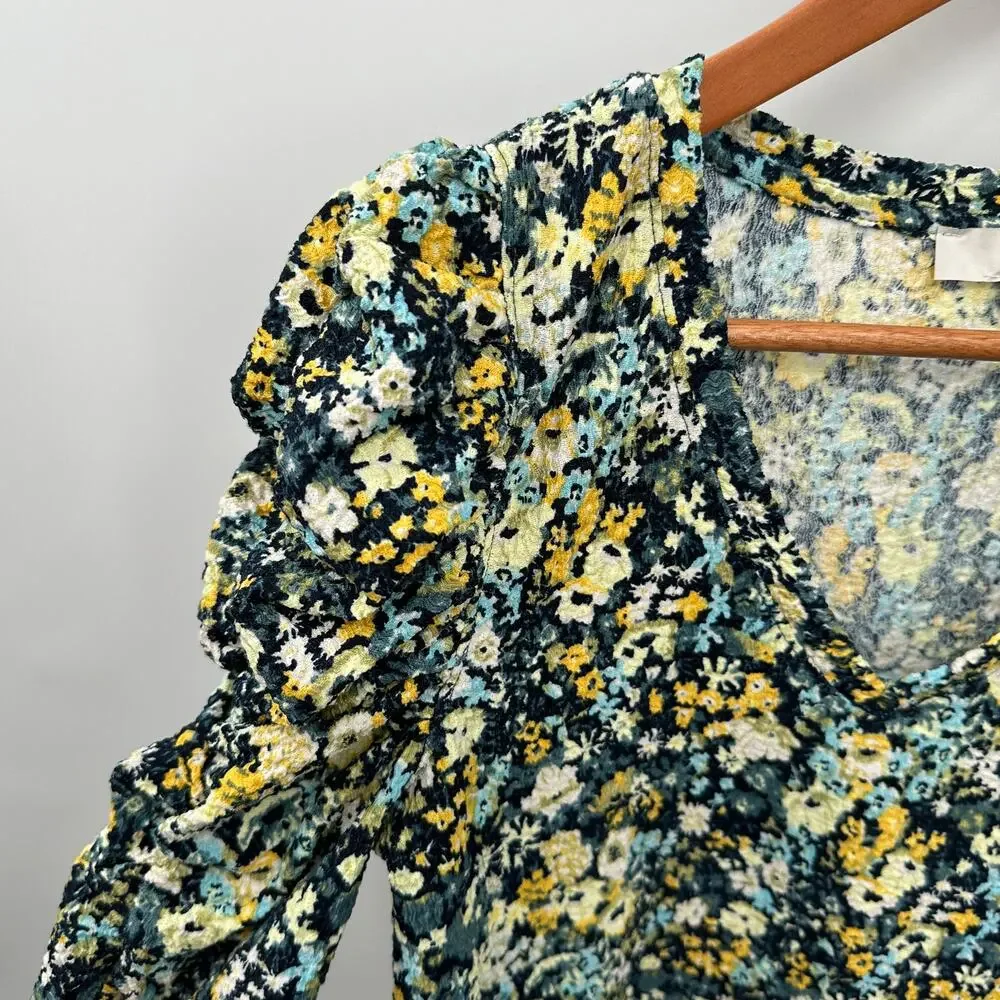 LOFT  Floral Shirred Puff Sleeve Long Sleeve Blouse Top // S